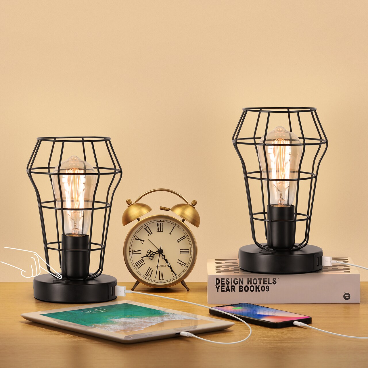 2PCS Industrial Cage Desk Lamps Vintage Table Lamps with Dual USB Ports & AC Outlet, UL-Certified Steampunk Bedside Lights for Office, Bedroom, or Gift